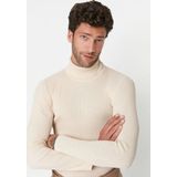 Erkek Slim Fit Dar Kesim Yumuşak Dokulu Tüylenmeyen Bej Tam Balıkçı Yaka Triko Kazak