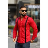 Erkek Slim-Fit Dikey Kadife Şeritli ve Kristal Taş Işlemeli Premium Lüks Gömlek - XL - Kırmızı