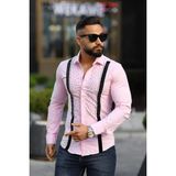 Erkek Slim-Fit Dikey Kadife Şeritli ve Kristal Taş Işlemeli Premium Lüks Gömlek - XL - Pembe