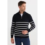 Erkek Slim Fit Fermuarlı Dik Yaka Çizgili Pamuklu Triko Kazak