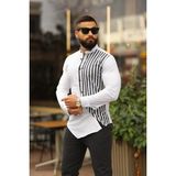 Erkek Slim-Fit Hakim Yaka Asimetrik Çizgili Lüks Gömlek - Beyaz