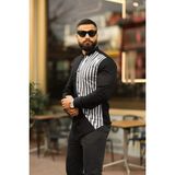 Erkek Slim-Fit Hakim Yaka Asimetrik Çizgili Lüks Gömlek - XL - Siyah