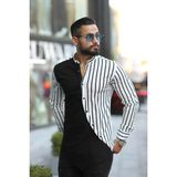 Erkek Slim-Fit Hakim Yaka Asimetrik Çizgili Lüks Tasarım Gömlek - Beyaz
