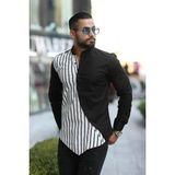 Erkek Slim-Fit Hakim Yaka Asimetrik Çizgili Lüks Tasarım Gömlek - Siyah