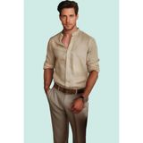 Erkek Slim Fit Hakim Yaka Keten Görünümlü Gömlek Basic Siluet Günlük Kullanım Modern Tasarım - XL - Taş