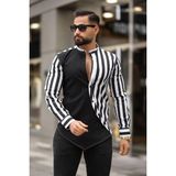 Erkek Slim-Fit Hakim Yaka Kontrast Çizgi Panelli Premium Lüks Gömlek - 2XL - Beyaz
