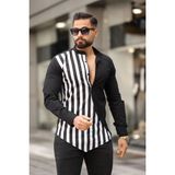 Erkek Slim-Fit Hakim Yaka Kontrast Çizgi Panelli Premium Lüks Gömlek - XL - Siyah