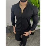 Erkek Slim Fit Hakim Yaka Likralı Gömlek | Modern Kesim - XL - Siyah