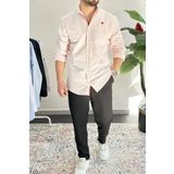 Erkek Slim Fit Keten Görünümlü Pamuklu Gömlek Pembe Edw087