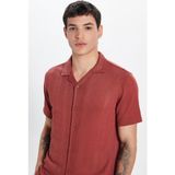 Erkek Slim Fit Örme Kumaş Apaş Yaka Rahat Kullanım Kısa Kol Kiremit Gömlek