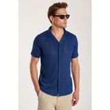 Erkek Slim Fit Örme Kumaş Apaş Yaka Rahat Kullanım Kısa Kol Lacivert Gömlek