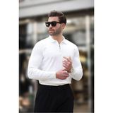 Erkek Slim Fit Polo Yaka Fermuarlı Fitilli Triko Kazak - 4001 - Beyaz