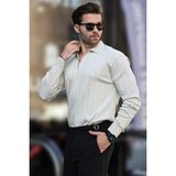 Erkek Slim Fit Polo Yaka Fermuarlı Fitilli Triko Kazak - 4001 - Ekru