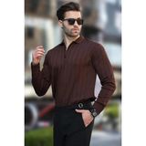 Erkek Slim Fit Polo Yaka Fermuarlı Fitilli Triko Kazak - 4001 - Kahverengi