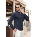 Erkek Slim Fit Polo Yaka Fermuarlı Fitilli Triko Kazak - 4001 - Lacivert - 2XL