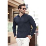 Erkek Slim Fit Polo Yaka Fermuarlı Fitilli Triko Kazak - 4001 - Lacivert