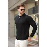 Erkek Slim Fit Polo Yaka Fermuarlı Fitilli Triko Kazak - 4001 - Siyah - 2XL