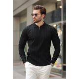 Erkek Slim Fit Polo Yaka Fermuarlı Fitilli Triko Kazak - 4001 - Siyah
