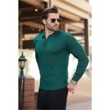 Erkek Slim Fit Polo Yaka Fermuarlı Fitilli Triko Kazak - 4001 - Zümrüt Yeşili