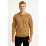 Erkek Slim Fit Polo Yaka Fitilli Triko Kazak -26107 - Camel - 2XL