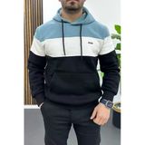 Erkek Slim Fit Renk Bloklu Kapüşonlu Sweatshirt Açık Mavi Edw438