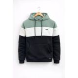 Erkek Slim Fit Renk Bloklu Kapüşonlu Sweatshirt Açık Yeşil Edw438