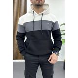 Erkek Slim Fit Renk Bloklu Kapüşonlu Sweatshirt Beyaz Edw438