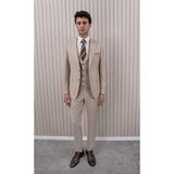Erkek Slim Fit Sivri Yaka Yelekli Takım Elbise - 50 - Ekru