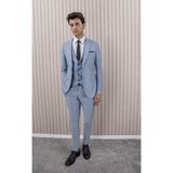 Erkek Slim Fit Sivri Yaka Yelekli Takım Elbise - 58 - Buz Mavi