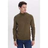 Erkek Slim Fit Tam Boğazlı Yaka Düz Yün Haki Triko Kazak