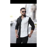 Erkek Slim-Fit Tek Taraf Asimetrik Ince Çizgili Panel Detaylı Gömlek - Siyah