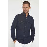 Erkek Slim Fit Uzun Kollu Spor Yaka Yıkamalı Çift Cepli Armürlü Denim Kot Lacivert Gömlek