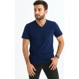 Erkek Slim Fit V Yaka Tişört - Dar Kesim Basic Günlük T-Shirt Lacivert - 3XL