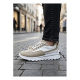 Erkek Sneaker Günlük Rahat Yürüyüş Ayakkabısı Bağcıklı Yüksek Taban Şehir Ofis Seyahat Kullanımı Ergonomik Konfor Krem Düz Dokulu BESKAR BA0246
