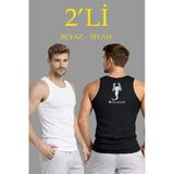 Erkek Spor Fitilli Atlet 2'Li Set Siyah Ve Beyaz Slim Fit Kaşkorse Arka Baskılı Spor Atlet