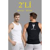 Erkek Spor Slimfit Fitilli Kaşkorse Arka Basklı Atlet 2'li Set Siyah-Beyaz
