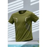 Erkek Spor Tişört Antreman Gym Polyester Erkek Sporcu t-Shirt Şeritli-Tişört - 2XL - Haki