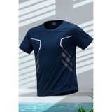Erkek Spor Tişört Antreman Gym Polyester Erkek Sporcu t-Shirt Şeritli-Tişört - 2XL - Lacivert
