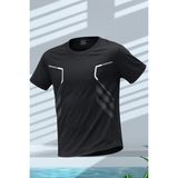 Erkek Spor Tişört Antreman Gym Polyester Erkek Sporcu t-Shirt Şeritli-Tişört - XL - Siyah