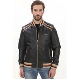 Erkek Spor ve Şıklık Bir Arada Derimont Varsity Hakiki Kuzu Derisi Bomber Ceket Erkek Mont - Siyah - 2XL