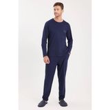 Erkek Standart Fit %100 Pamuk Bisiklet Yaka Beli Lastikli Lacivert Pijama Takımı
