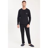Erkek Standart Fit %100 Pamuk Bisiklet Yaka Beli Lastikli Siyah Pijama Takımı