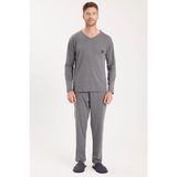 Erkek Standart Fit %100 Pamuk V Yaka Beli Lastikli Gri Pijama Takımı