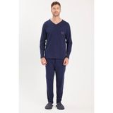 Erkek Standart Fit %100 Pamuk V Yaka Beli Lastikli Lacivert Pijama Takımı