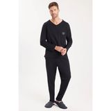 Erkek Standart Fit %100 Pamuk V Yaka Beli Lastikli Siyah Pijama Takımı
