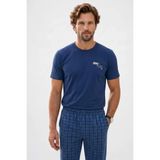 Erkek Standart Fit Normal Kesim Pamuklu Bisiklet Yaka Kısa Kollu Lastikli Lacivert Pijama Takımı