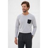 Erkek Standart Fit Rahat Kesim Uzun Kollu Pamuklu Gri Siyah Pijama Takımı