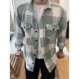 Erkek Su Yeşili-beyaz Çift Cep Kapaklı Slim Fit Oduncu Gömlek Su Yeşili-beyaz