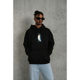 Erkek Survivor Penguin Baskılı 3 Iplik Pamuklu Kapüşonlu Sweatshirt Hoodie Siyah - XS