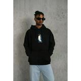 Erkek Survivor Penguin Baskılı 3 İplik Pamuklu Kapüşonlu Sweatshirt Hoodie Siyah